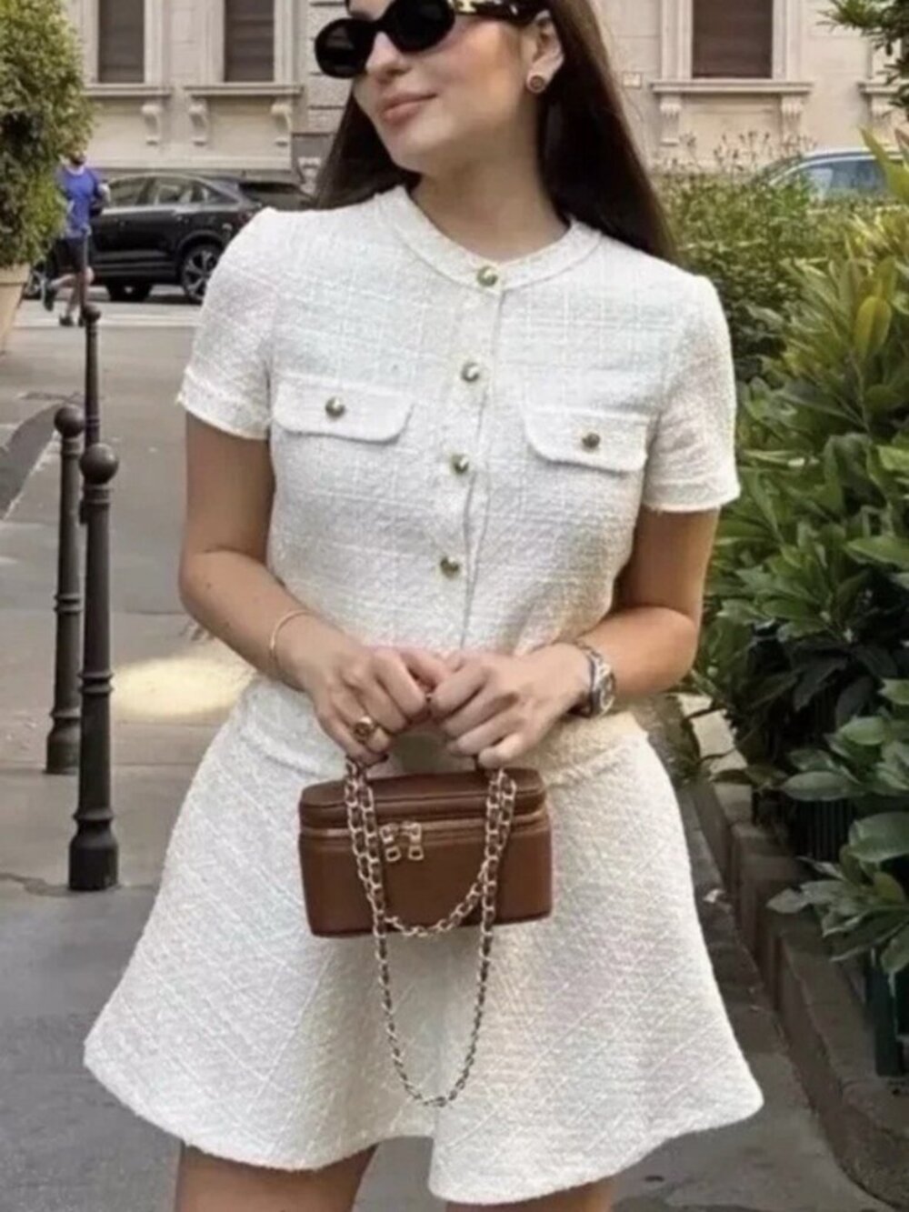 Zara Women's Size XL Cream Color Mini Tweed Short Sleeve Dress with Pockets NWT